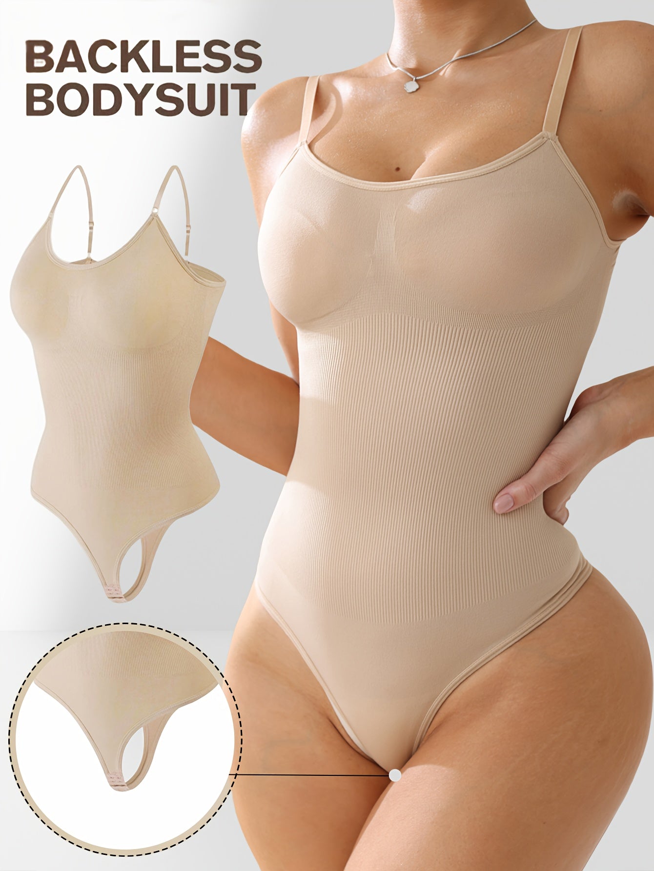 Body femme élégant couleur unie, dos nu, maintien élevé avec contrôle du ventre et effet amincissant, mélange nylon-élasthanne, parfait pour tenue décontractée