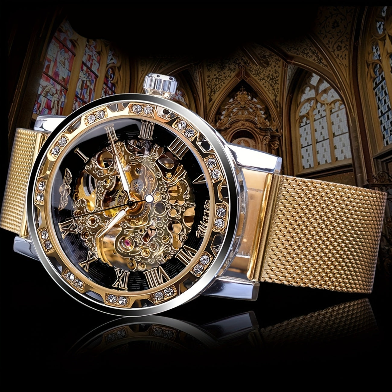 Elegant Men'S Mechanical Watch with Rhinestone Accents & Hollow Mesh Band - Stainless Steel, Zinc Alloy Case, Business Style, Self-Winding Movement, Pointer Display, No Battery Needed, Business Watch | Elegant Watch | Durable