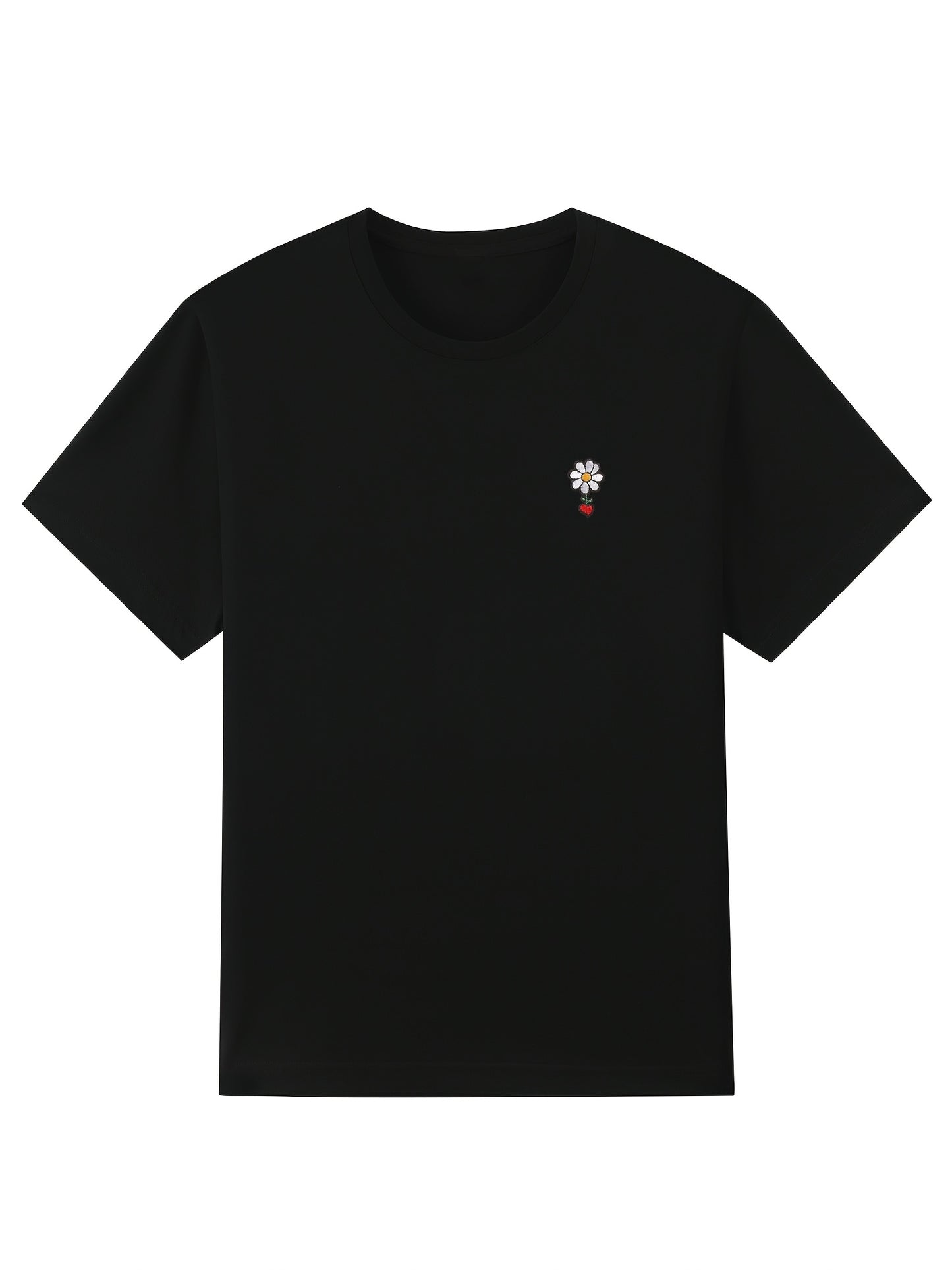 Flower Embroidery Label Men's Trendy Short Sleeve Crew Neck T-shirt, Summer Outdoor