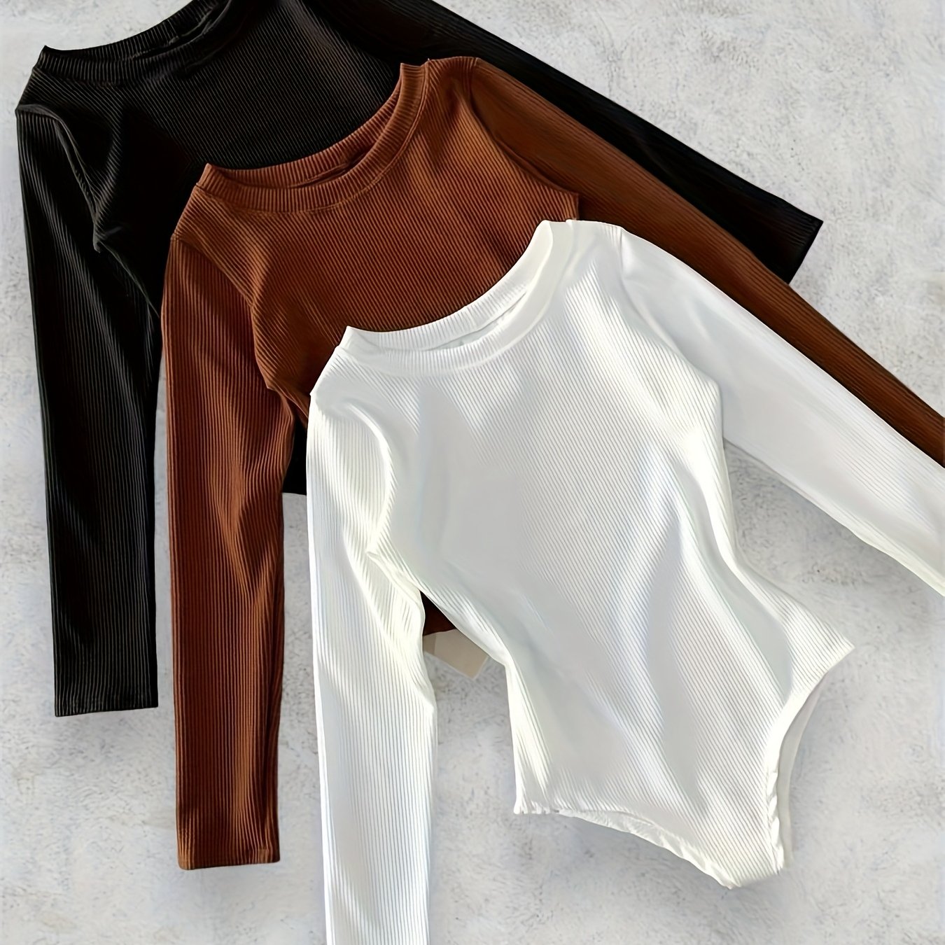 Lot de 3 Hauts Femme Ajustés à Manches Longues - Col Rond Élégant, Couleur Unie, Essentiels Polyvalents pour Toutes Saisons, Bureau, Soirée ou Tenue Décontractée