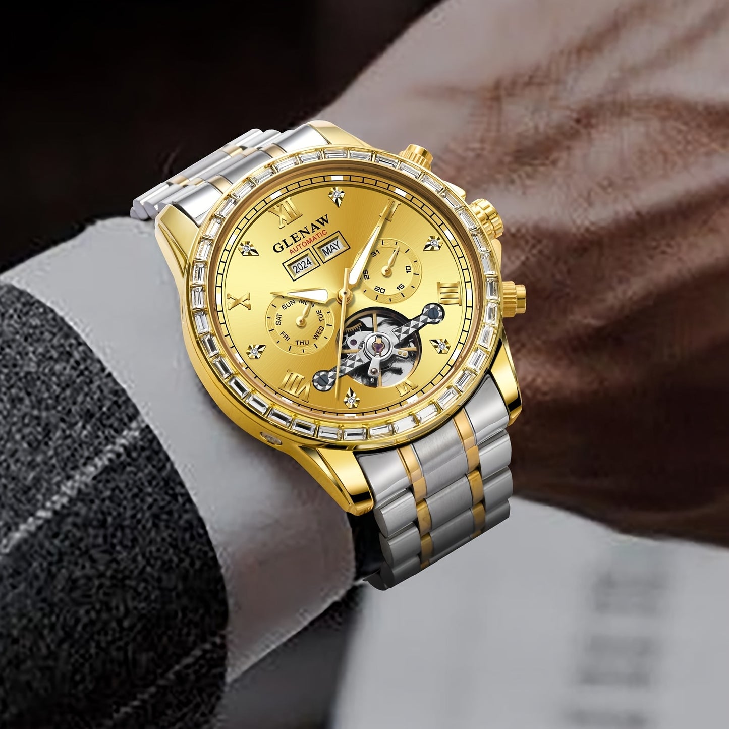 Men's Automatic Mechanical Watch, Rhinestone Case, Multi-function Perpetual Calendar Dial, Stainless Steel Strap, Year, Month, Day and Week Display, Automatic Mechanical Watch For Men, Mechanical Watches For Men High Quality,