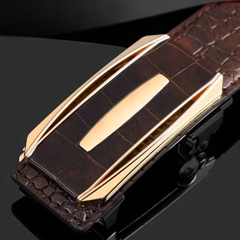 Ceinture Homme à Boucle Automatique en Cuir Synthétique – Motif Crocodile, Marron et Noir, Boucle en Alliage Doré, Style Élégant Décontracté et Professionnel, Parfaite pour Pantalons Habillés, Accessoire Formelle, Design Sophistiqué, Construction Durable