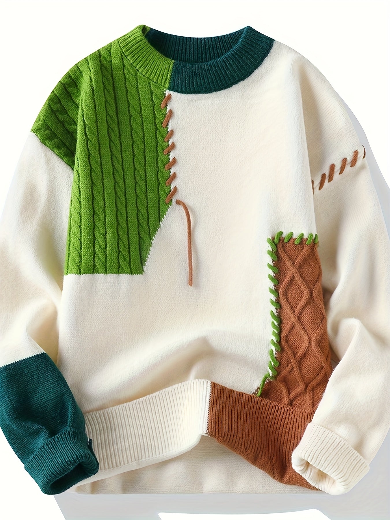 Men'S Korean Style Round Neck Sweater, Youth Fashion Patchwork Ribbed Thickened Warm Knit Shirt, Autumn and Winter New Color Block Casual Base Layer 668