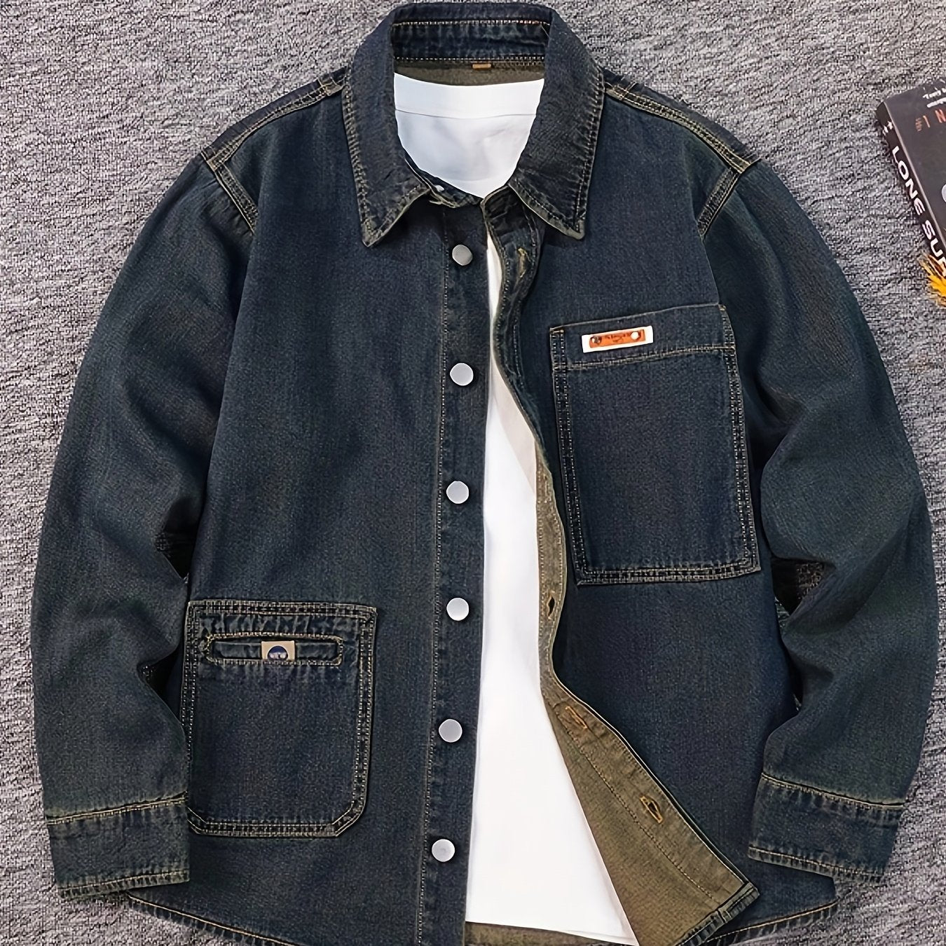 Men's Plus Size Loose Fit Non-Stretch Denim Shirt - Asymmetrical Chest Pockets, Classic Collar Long Sleeve Casual & Evening Shirt for Spring/Fall, Machine Washable, Durable Fabric, Fall Outfit, Stylish Menswear, Sturdy