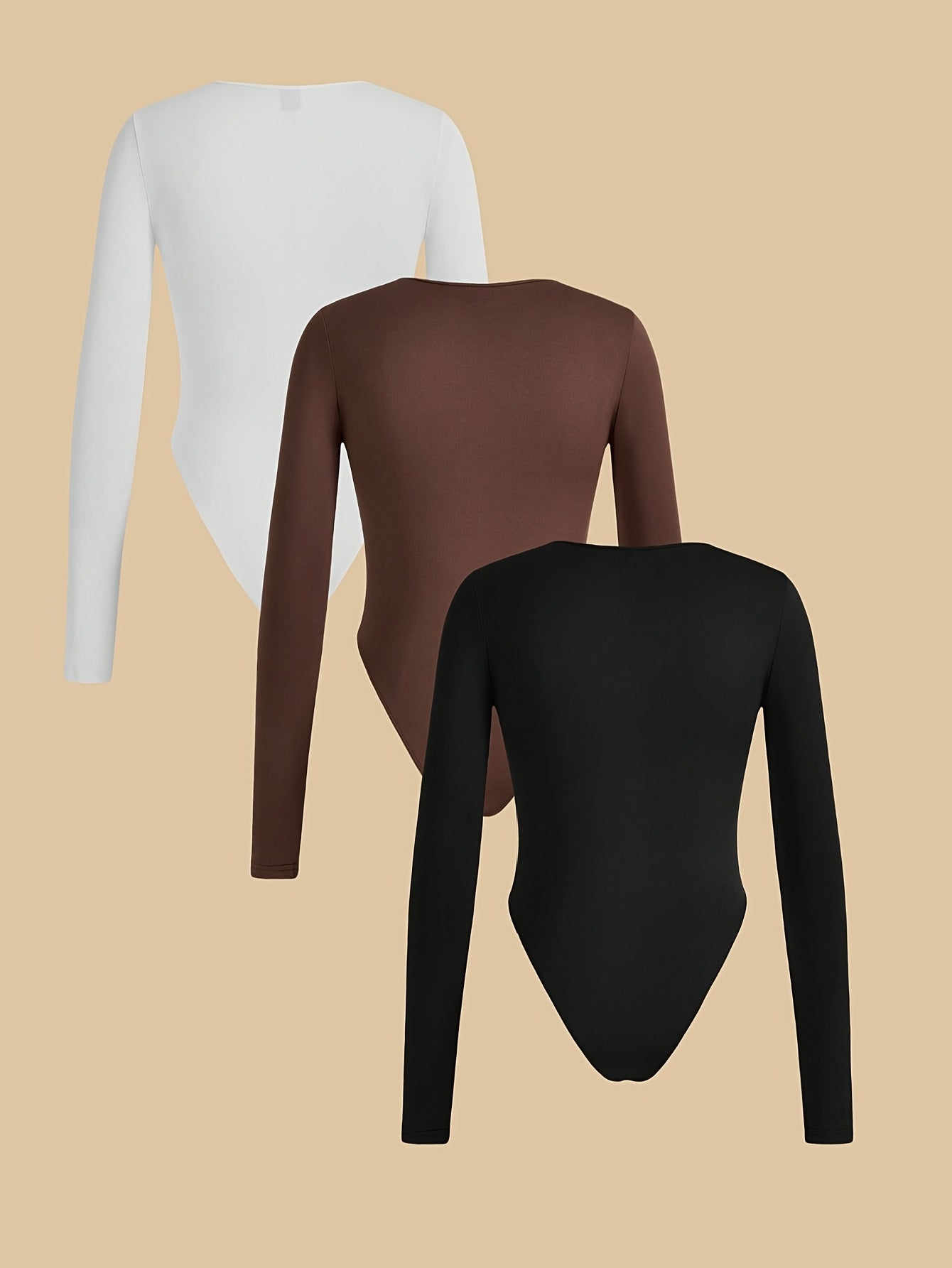 Lot de 3 bodys femme à manches longues, col rond, couleur unie, en maille polyester (95 %) et élasthanne (5 %), tissu extensible, style décontracté, manches régulières, adapté à toutes les saisons, grammage 180 g/m²