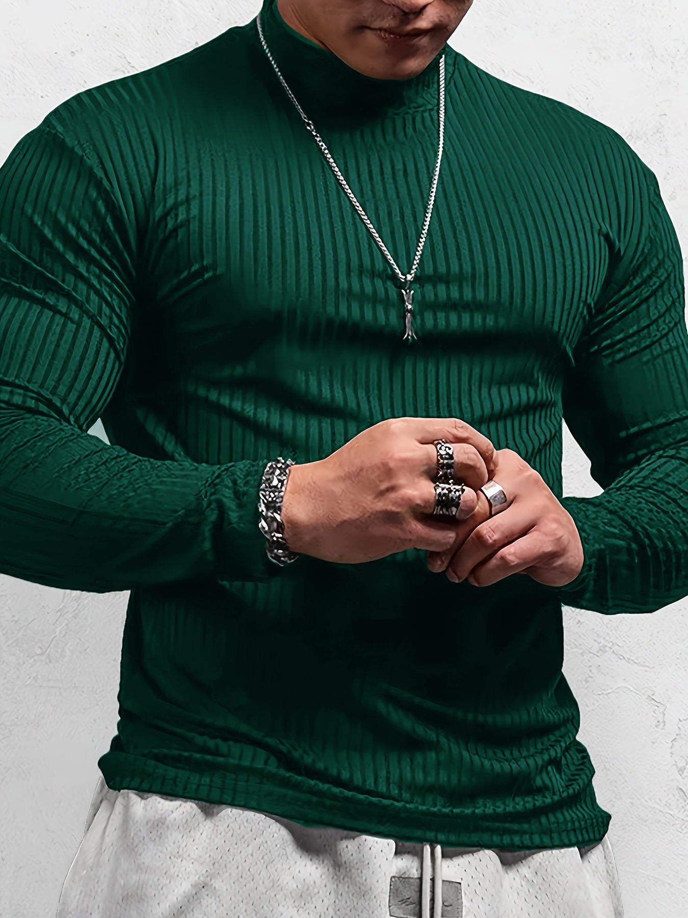 Set of 4 Men'S Solid Color Textured Ribbed Slim-Fit Long Sleeve T-Shirts for Casual Sports.