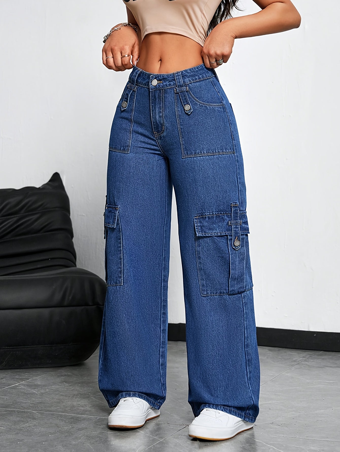 Jeans Cargo Femme Taille Haute – Denim Extensible Bleu Foncé, Jambe Droite avec Multiples Poches