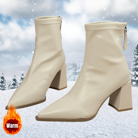 Bottines Femme Chic – Talon Carré, Bout Pointu, Couleur Unie, Fermeture Éclair au Dos, Style Polyvalent