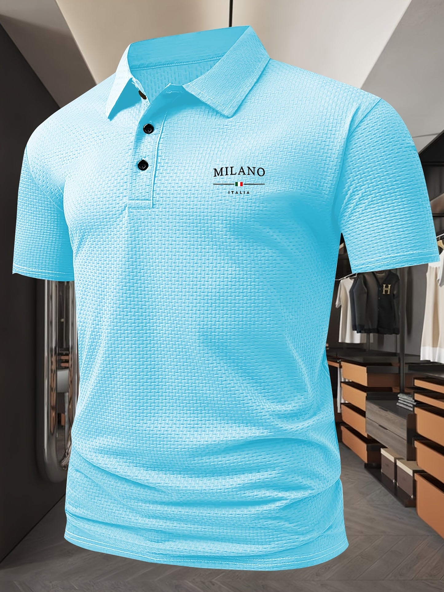 Milano Men'S Casual T-Shirt - Breathable Regular Fit Short Sleeve Shirt with Geometric Print, Button-Up Collar for Summer Comfort & Casual Attire, Comfortable Clothing, Easycare Material