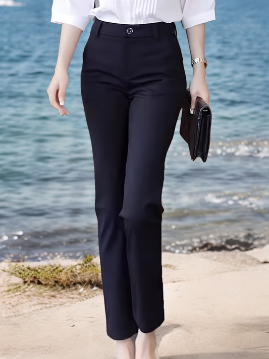 Pantalon Femme Taille Haute – Jambe Droite Noir, Confortable, Taille Élastique, Boutons, Bureau et Décontracté