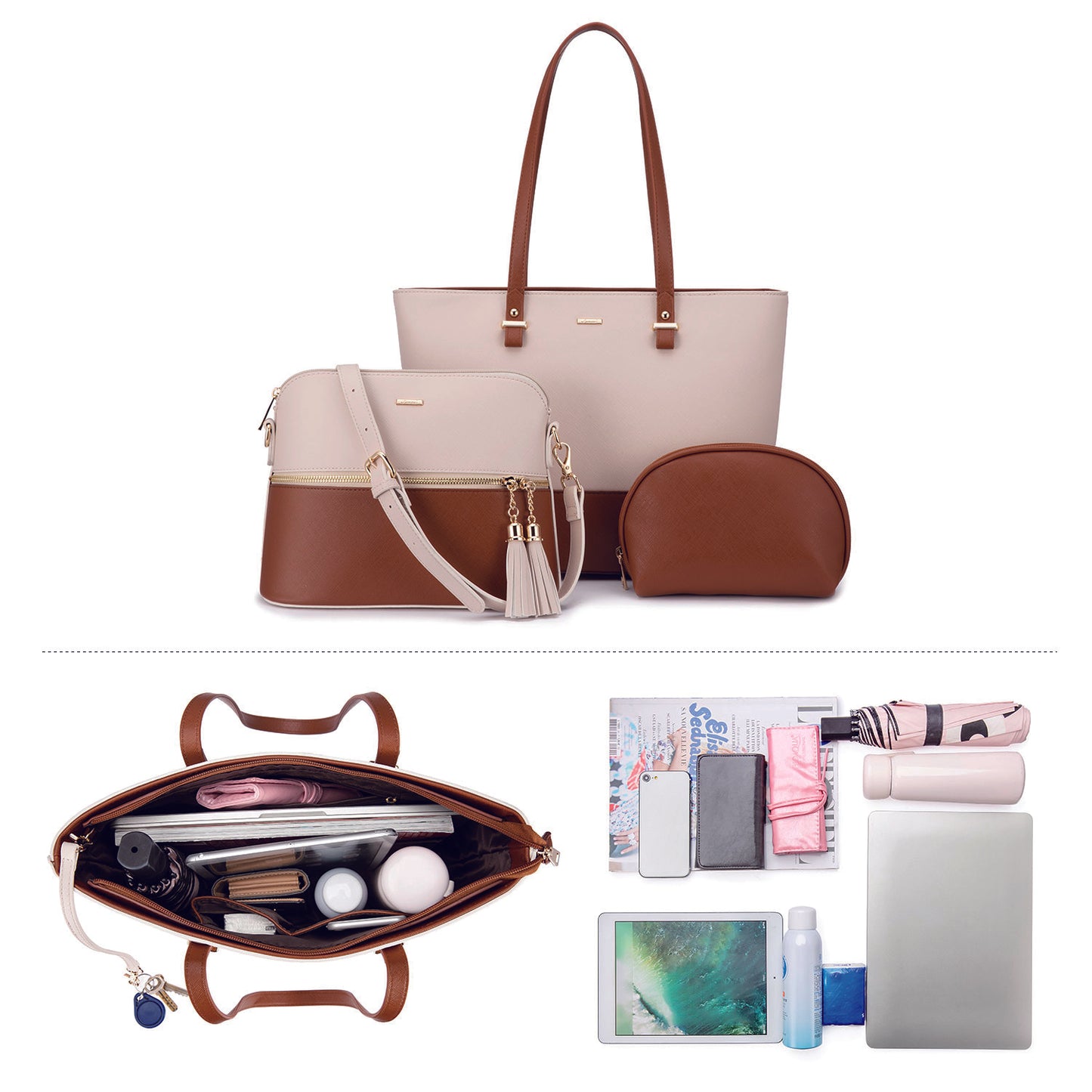 Set de Sacs à Main Femme– Grand Sac à Main Élégant, Sac à Épaule et Shopper, Set de 3 Pièces, Idéal comme Cadeau pour Femme, Bureau, Université ou Voyages