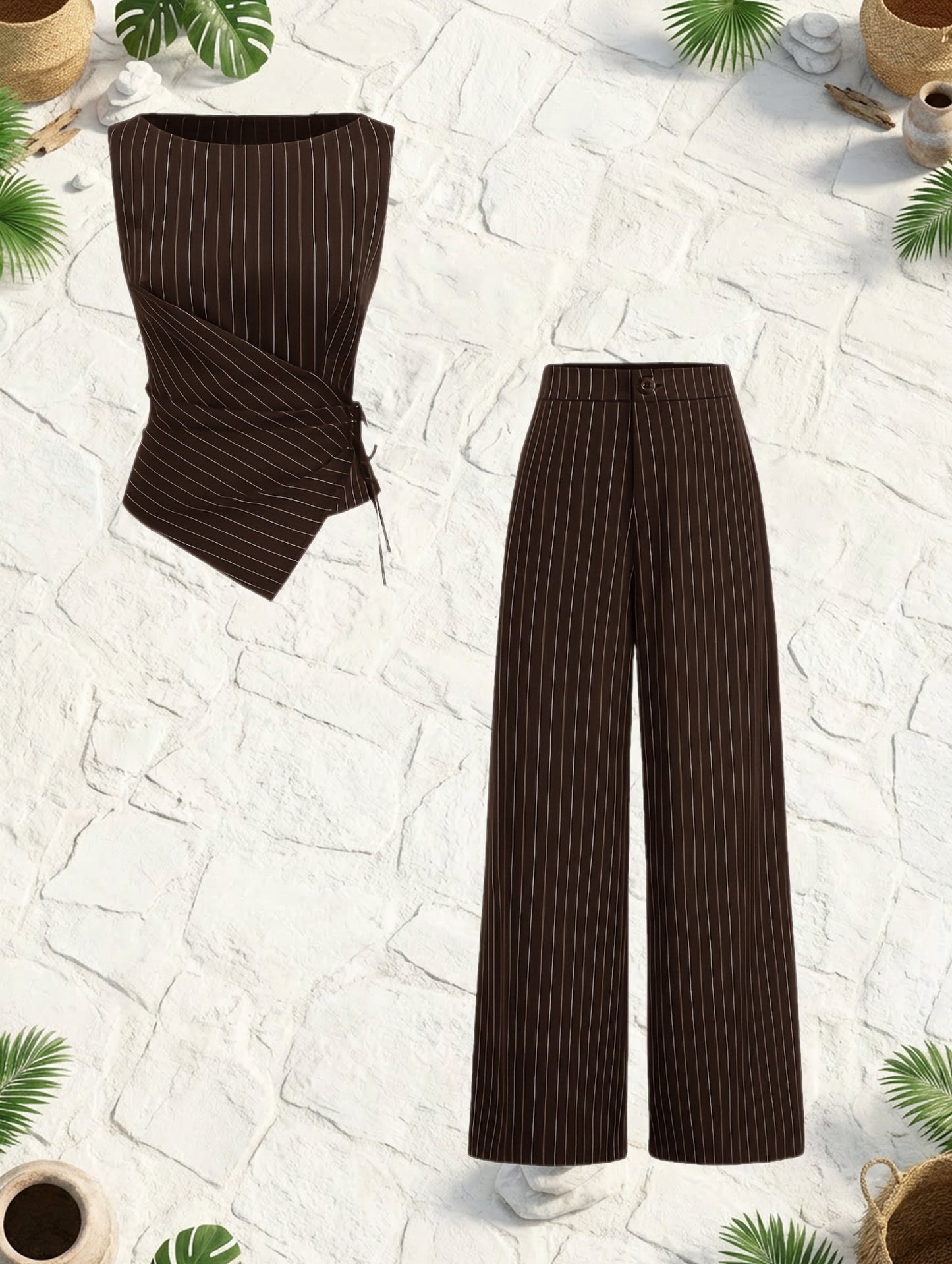 Ensemble deux pièces rayé pour femme, style décontracté chic