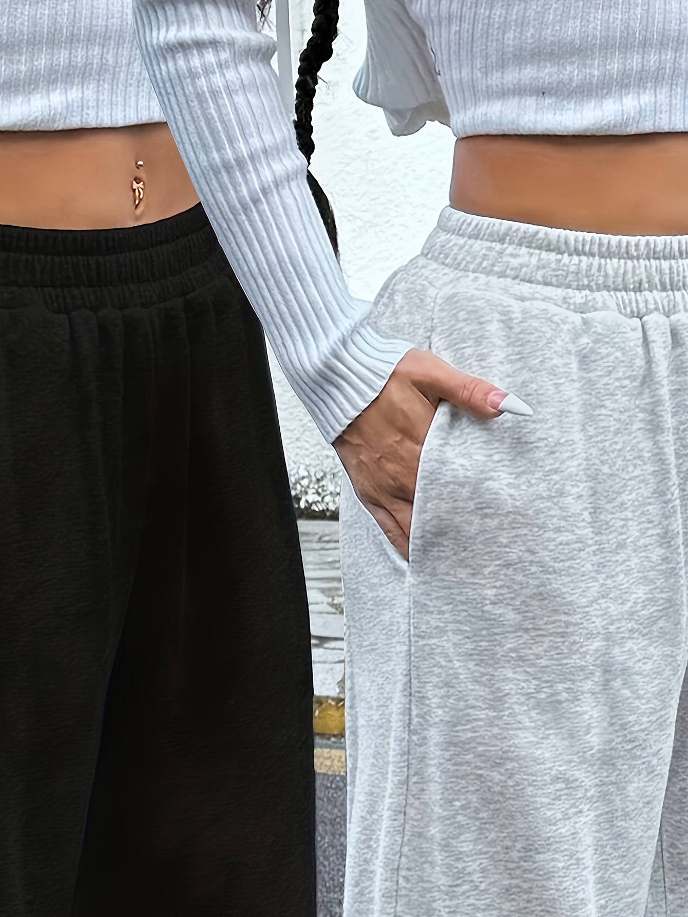 Lot de 2 Pantalons Femme Décontractés Jambe Large – Taille Élastique avec Poches, Noir & Gris