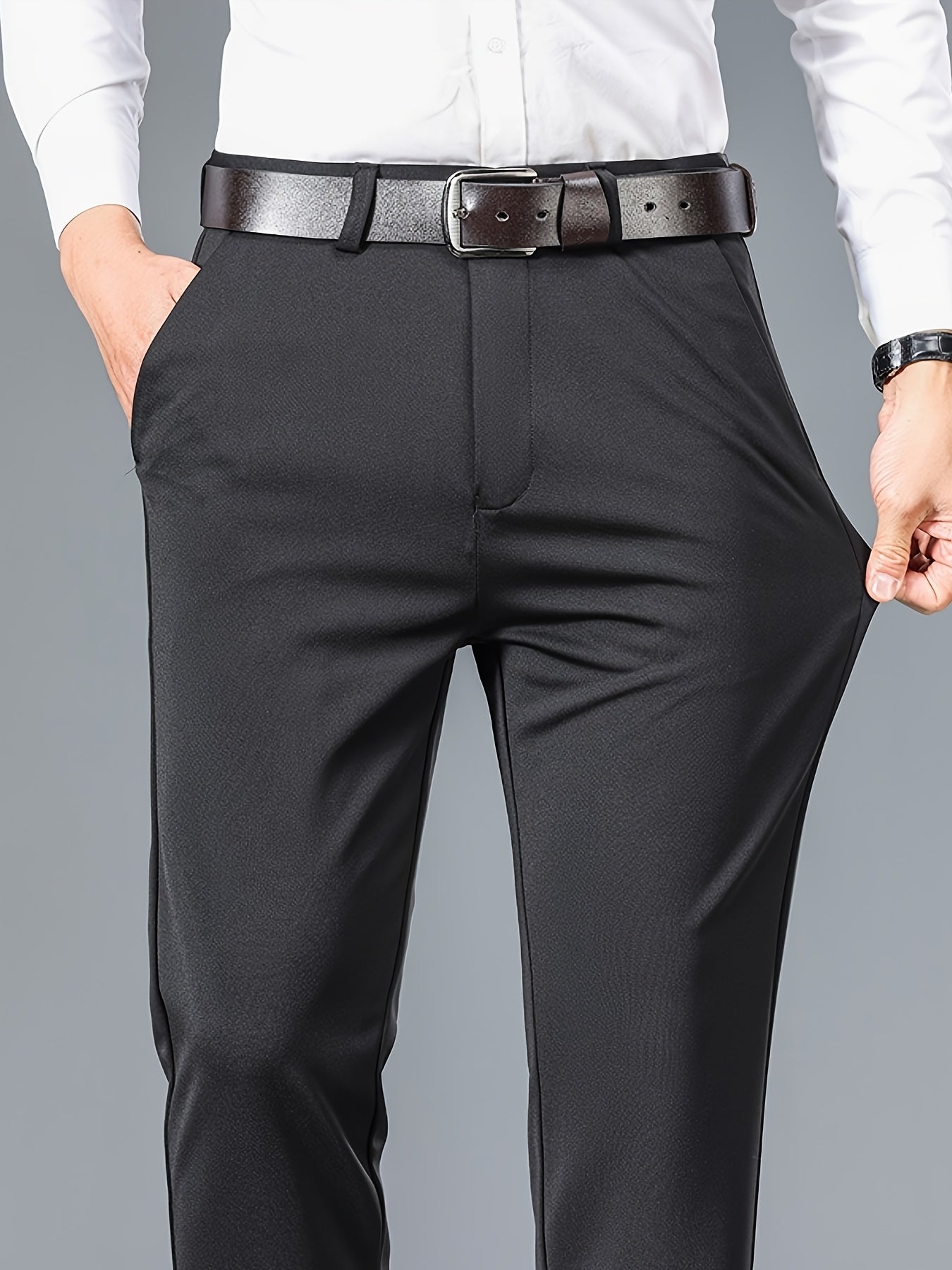 Pantalon Homme Business Léger – Gris, Jambe Droite, Tout Saison, Sans Ceinture