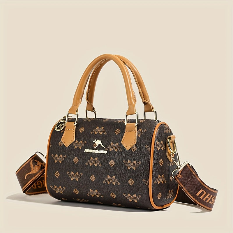 Sac vintage géométrique – sac élégant bicolore marron et blanc, bandoulière réglable, fermeture éclair, design rétro chic