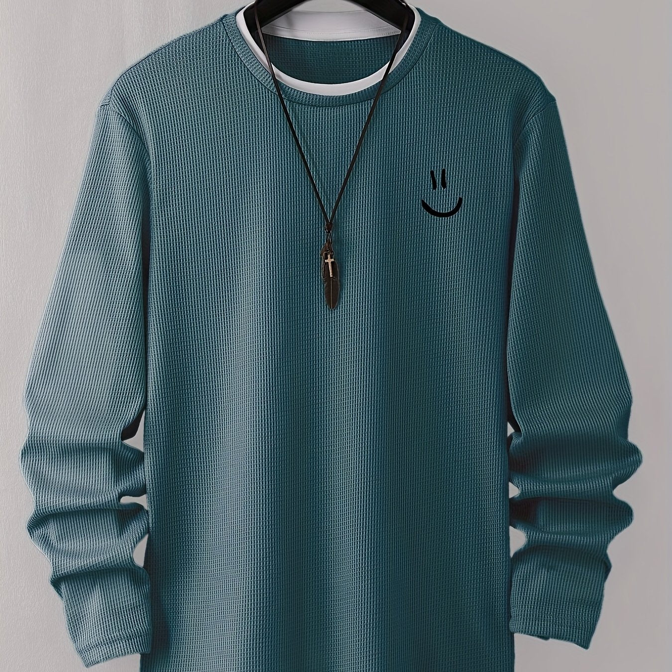 Stylish Cartoon joyful Print Comfortable Sweat-Absorbing Waffle Knit Men's Casual Long Sleeve T-Shirt