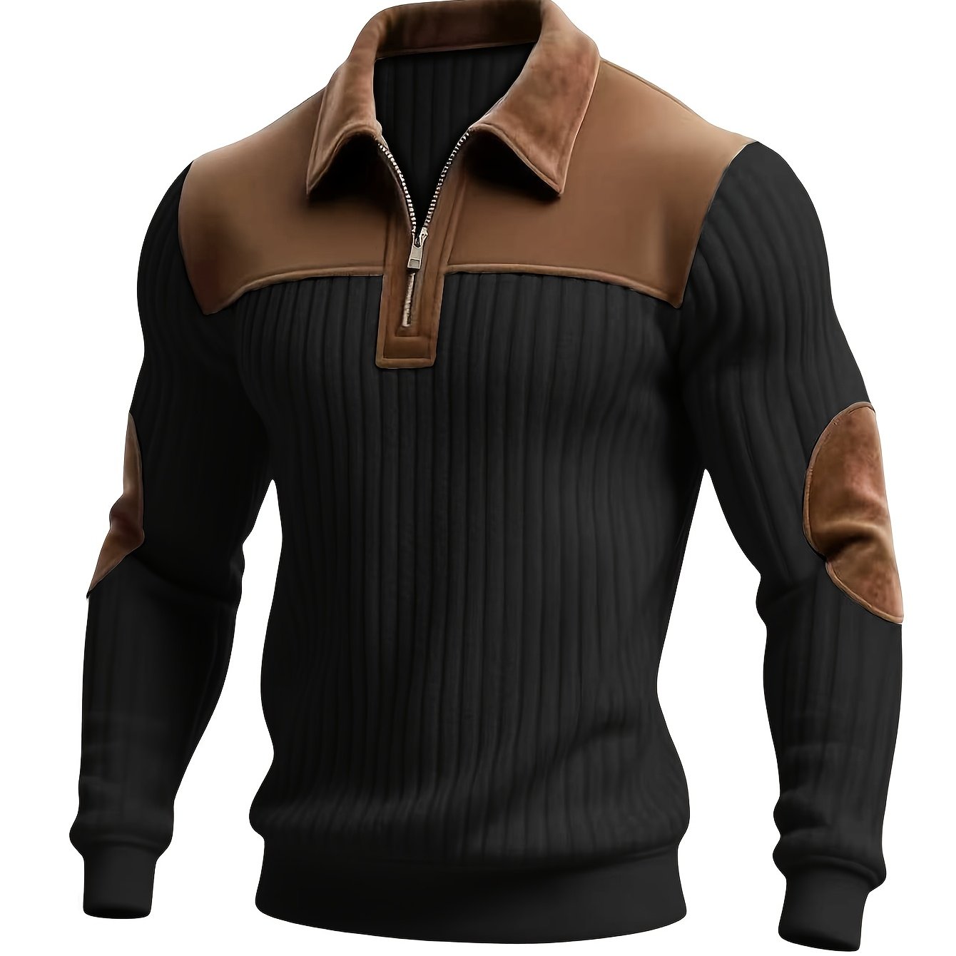 Men'S Casual Collared Zip-Up Pullover | Color-Block Design, Thick Warm, Long Sleeve, Suitable for Daily Fashion and Commuting - ROYALBOY