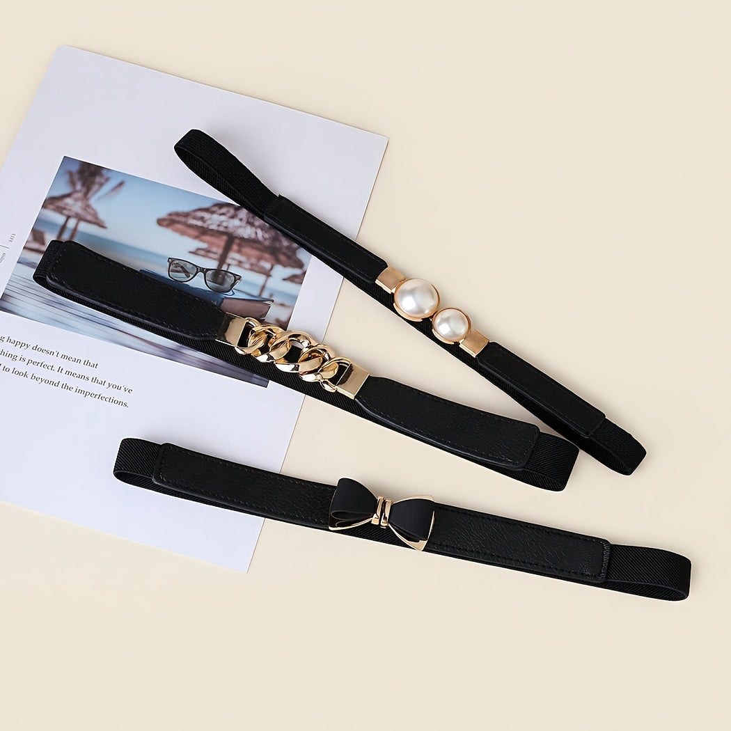 Lot de 3 ceintures élastiques simples, tendance et polyvalentes pour femmes – Ceinture élastique avec chaîne et nœud anti-perles, adaptée pour coupe-vent, robe, pull, veste, boucle en alliage