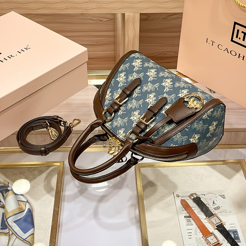 Sac à main vintage à imprimé carrosse pour femme – forme coquillage, bandoulière amovible, motif animal bleu en PVC, doublure polyester, fermeture zippée, élégant cadeau pour maman.