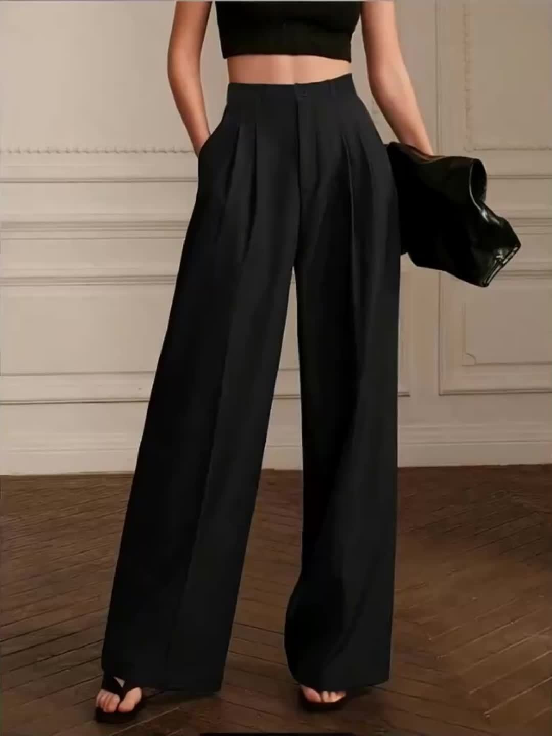Pantalon Femme Taille Haute – Jambe Droite Noire, Poches Obliques, Bureau et Décontracté