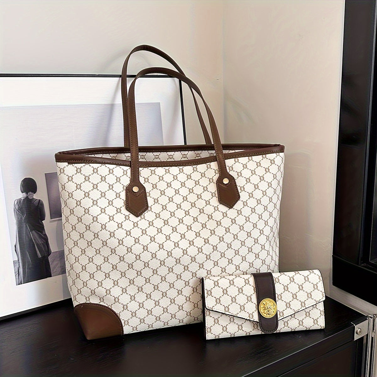 Set sac et portefeuille femmes grand format motif géométrique fermeture éclair blanc marron