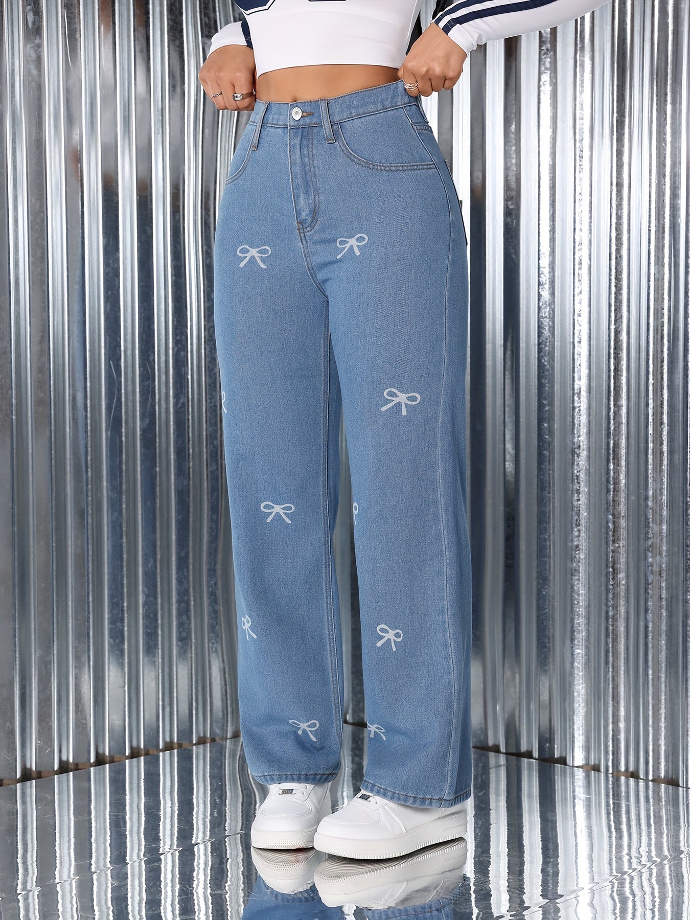 Jeans Femme Jambe Droite Décontracté Denim Avec Nœud Confortable