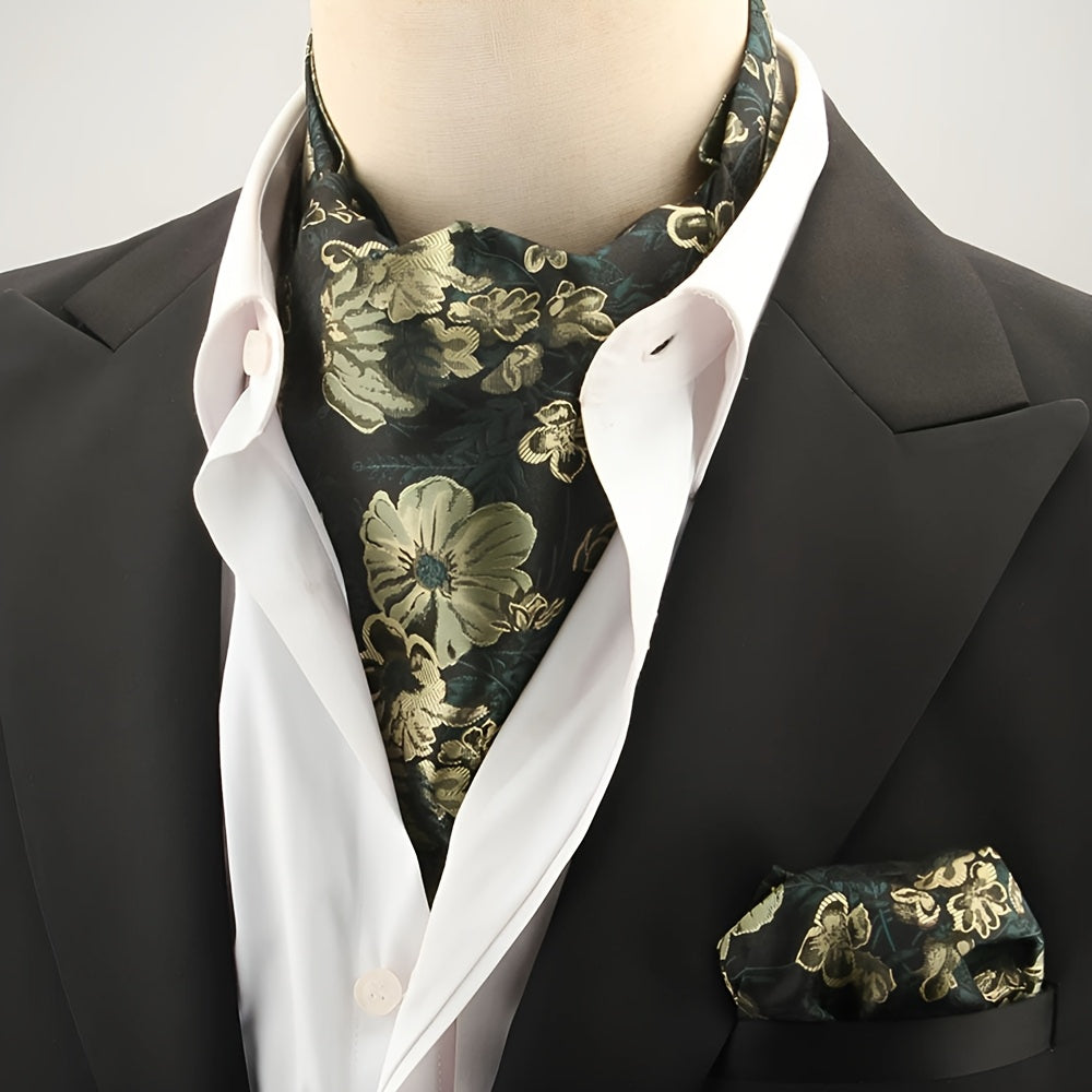 2pcs Ascot Homme – Écharpe et Pochette Style Rétro Britannique pour Mariages et Événements, Motifs Pois/Paisley/Fleur