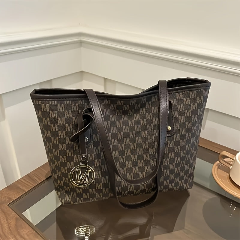 Sac à Main Femme Élégant– Sac Cabas avec Bandoulière Chaîne Dorée et Logo « M », Cuir Synthétique, Motif Pied-de-Poule en Marron Clair/Blanc/Noir, Fermeture Éclair, Doublure en Polyester