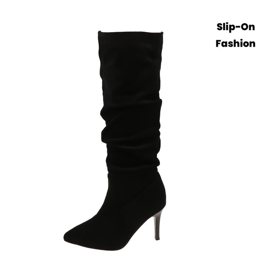 Bottes Sexy Femme à Talons Aiguilles – Montantes au Genou avec Effet Froncé, Dessus Tissu Couleur Unie, Bout Pointu, Semelle en Caoutchouc, Doublure et Semelle Intérieure en PU, Enfilage Facile, Bottines Décontractées Automne Toute Saison