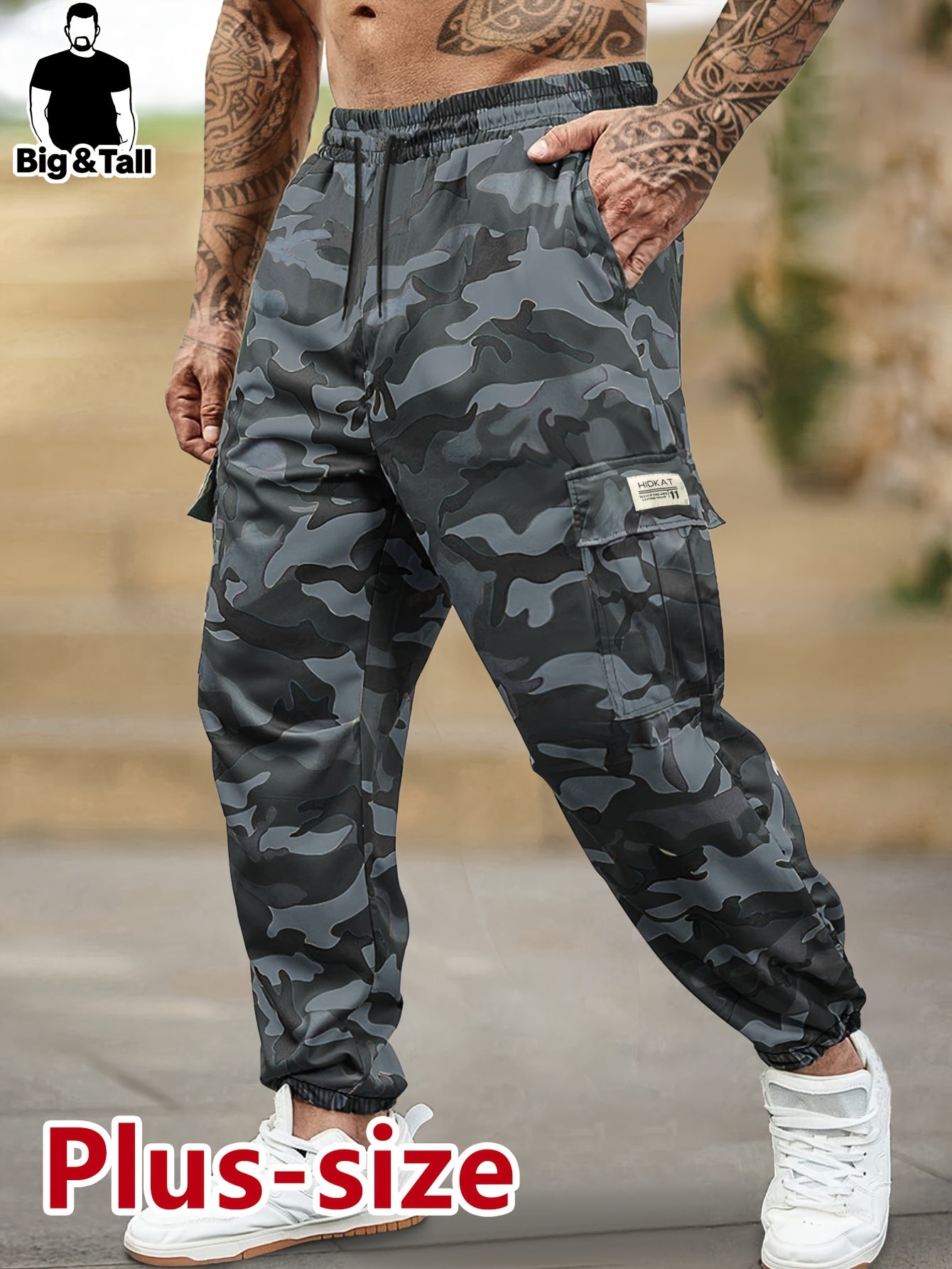 Pantalon camouflage grande taille  pour homme – poches à rabat, taille à cordon, cargo outdoor respirant, idéal chasse et tenue décontractée, printemps/automne, coupe régulière