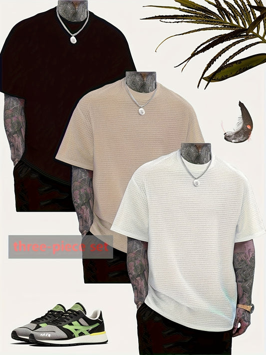 3pcs Men's Quick-Dry Breathable Waffle Knit T-Shirts - Moisture-Wicking Regular Fit Casual Tees for Gym, Hiking & Outdoor Activities, Solid Color Round Neck Summer Spring Autumn Essentials