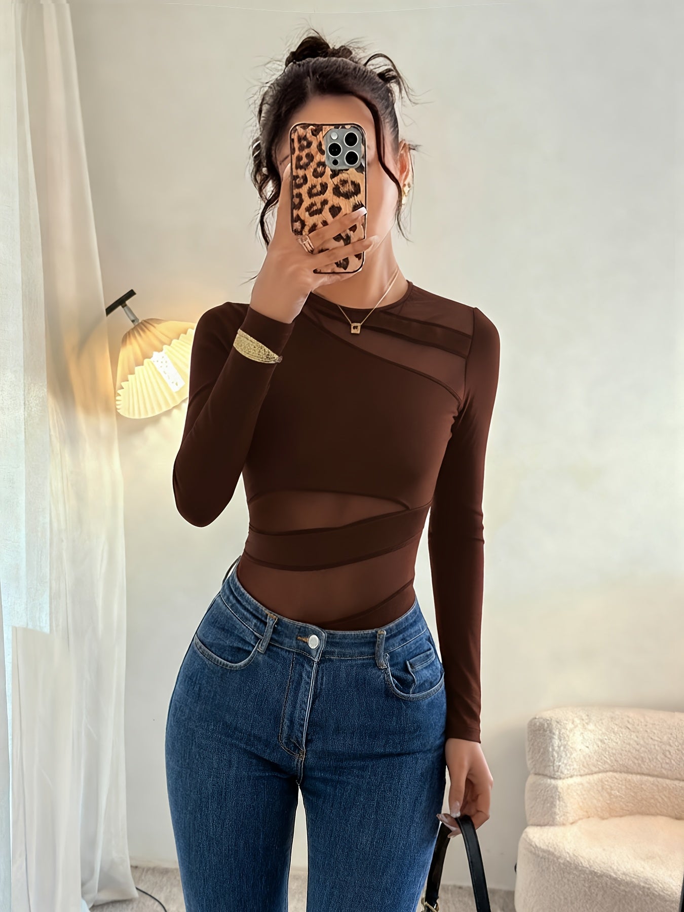 Body Femme Sexy Manches Longues — T-shirt Élégant avec Découpes en Mesh, Tissu Extensible, Parfait pour Automne/Hiver, Bureau et Soirées