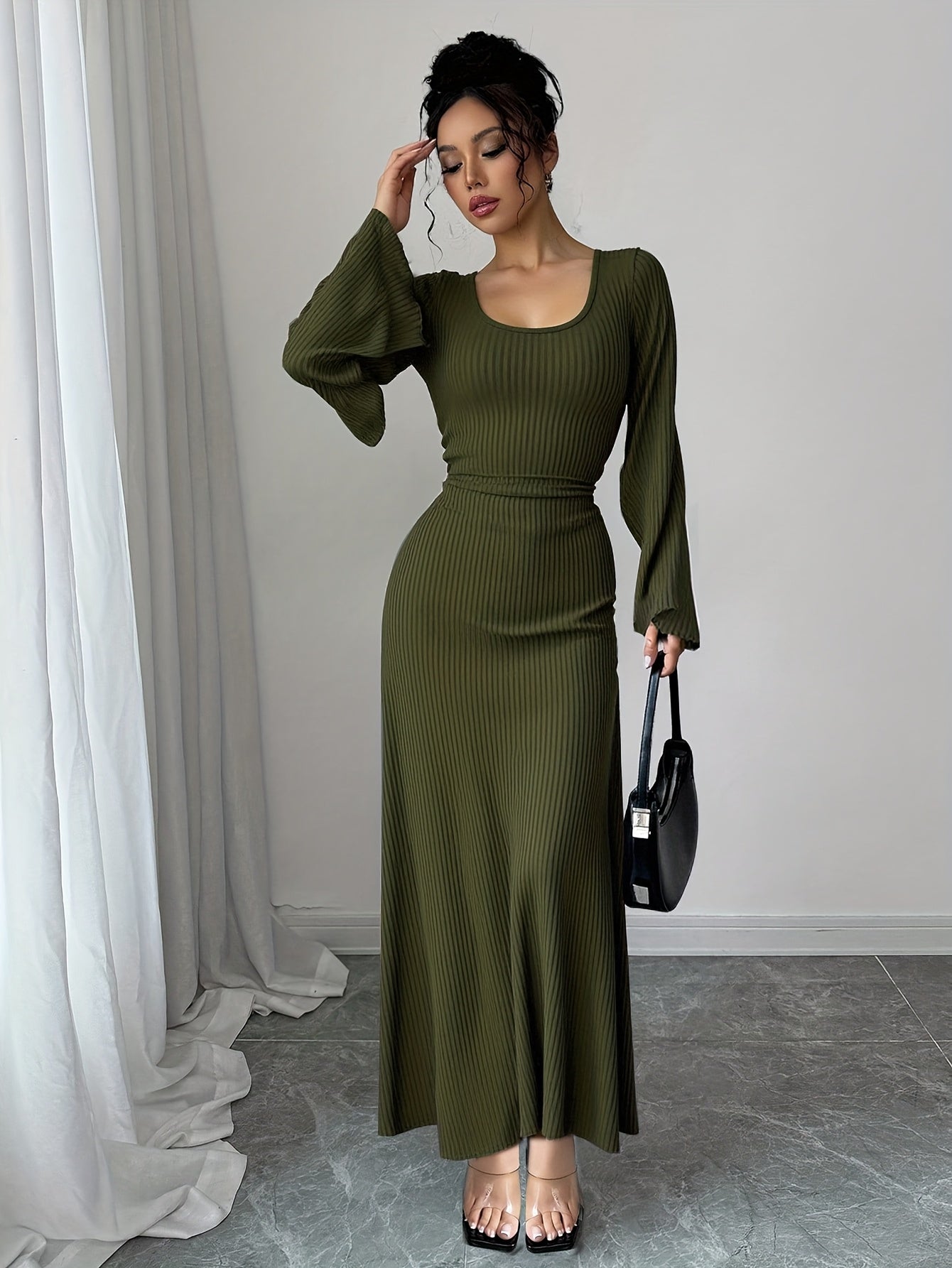 Robe Maxi Traditionnelle Femme Élégante – Couleur Unie, Manches Bouffantes, Nœud au Dos, Silhouette A-Ligne, Col Rond, Longue, Idéale Événements Formels