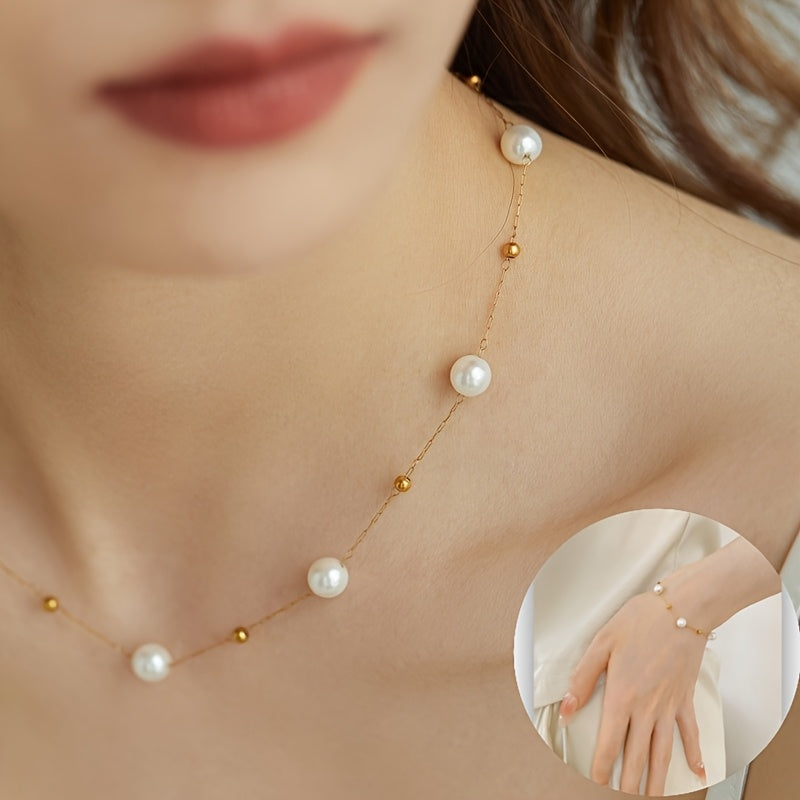 Ensemble de 2 pièces en acier inoxydable pour femme, collier et bracelet à perles, bijou polyvalent pour mariages, soirées et anniversaires, parfait comme cadeau d’anniversaire, léger et élégant