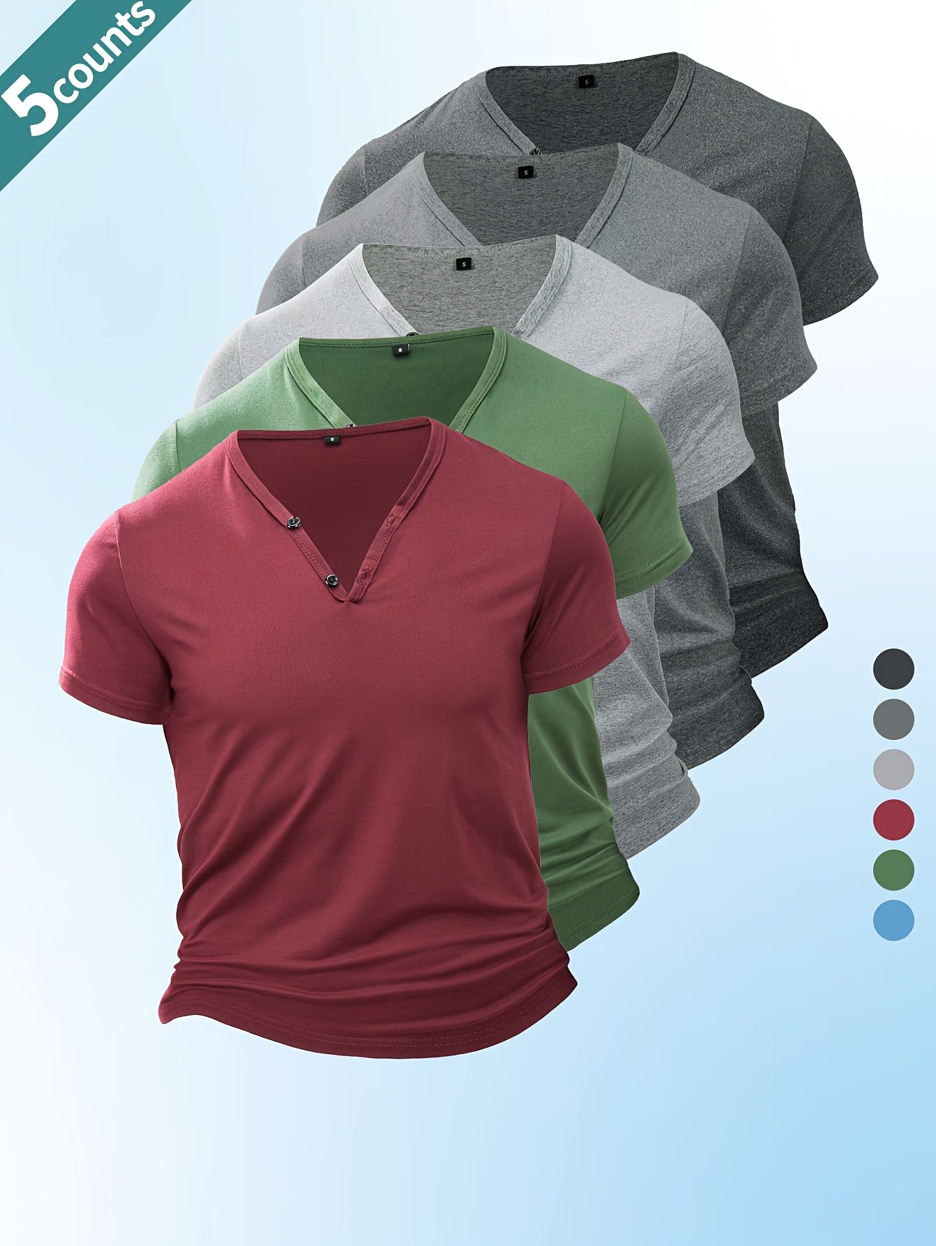 Lot de 5 Henley V-Neck Légers & Respirants Homme – Séchage Rapide