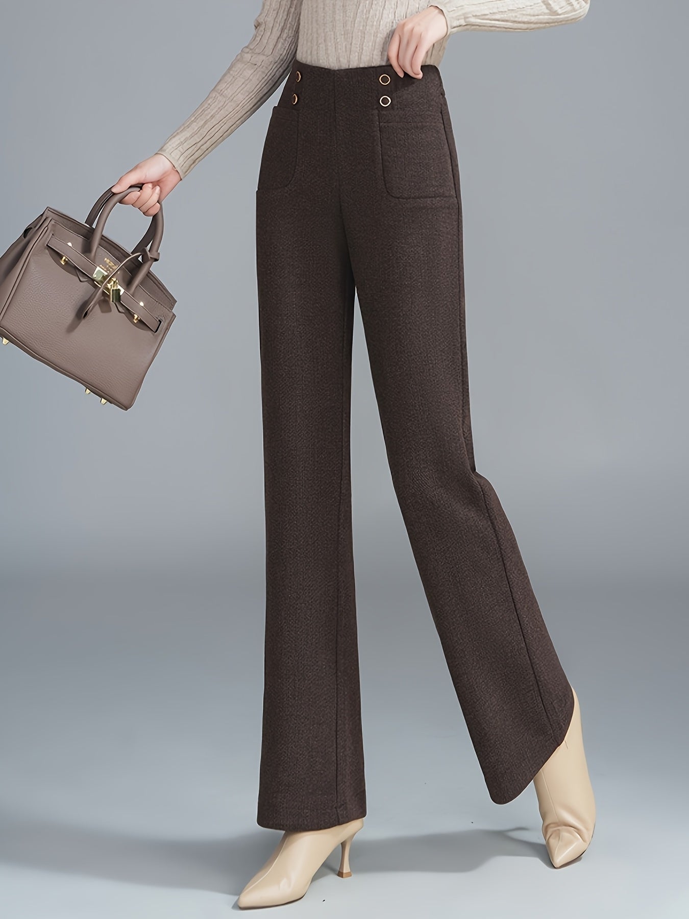 Pantalon Femme en Tweed Laine-Mélange – Jambe Droite, Taille Élastique avec Boutons, Marron Foncé, Automne/Hiver, Élégant et Décontracté