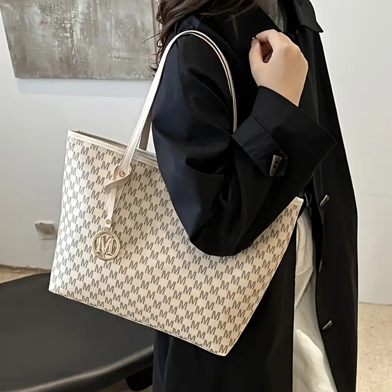 Sac Cabas Femme Vintage – Grande Capacité, Fermeture Éclair, Sac à Main avec Bandoulière Fixe, Design Monogramme Élégant en Marron Café/Noir, Doublure en Polyester, Idéal pour Quotidien