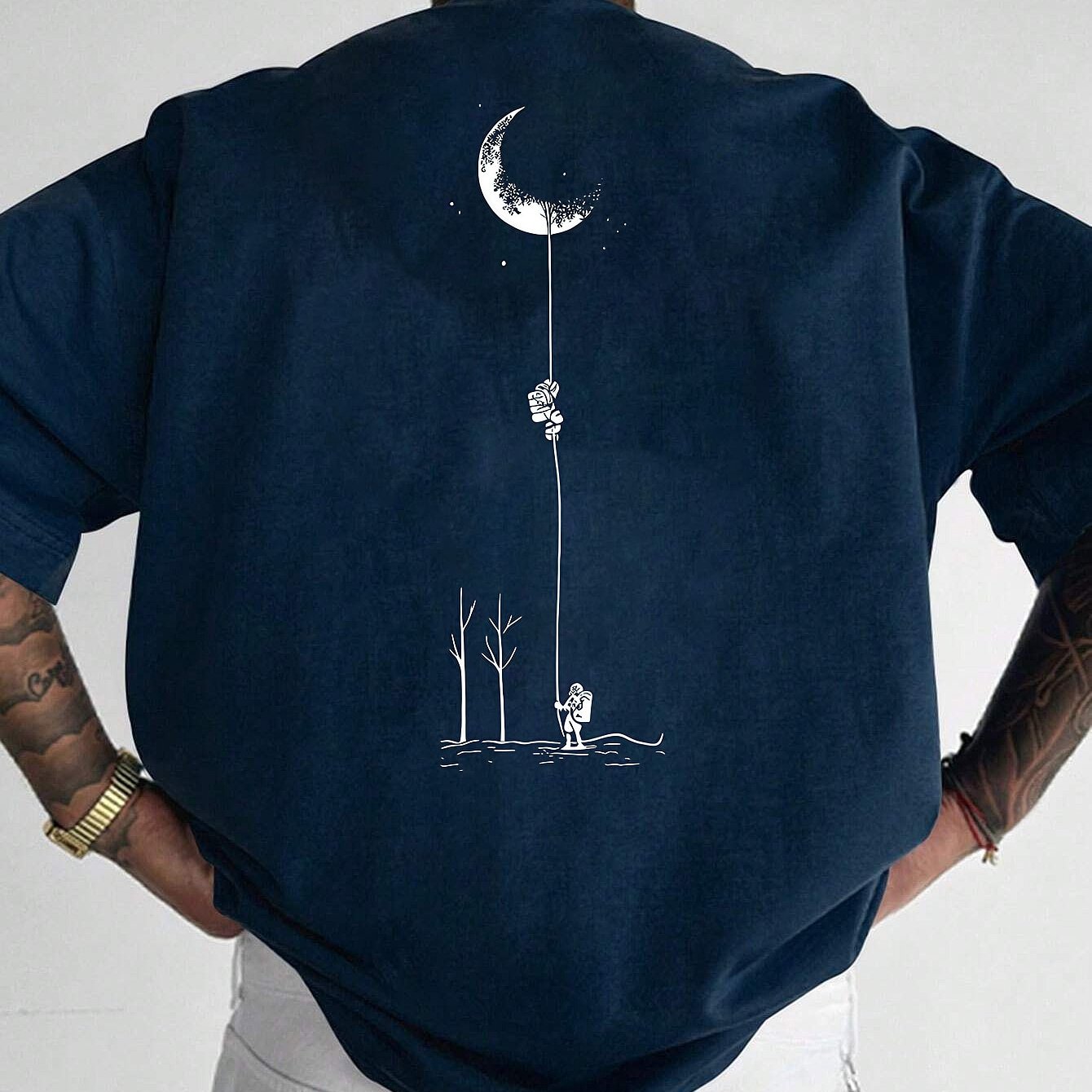 Moon and Trees Design Front & Back Graphic Crew Neck Cotton Summer Fashion Short Sleeve Casual Daily Style Top with Unique Geometric Pattern, Suitable for Spring/Summer Outdoor Activities