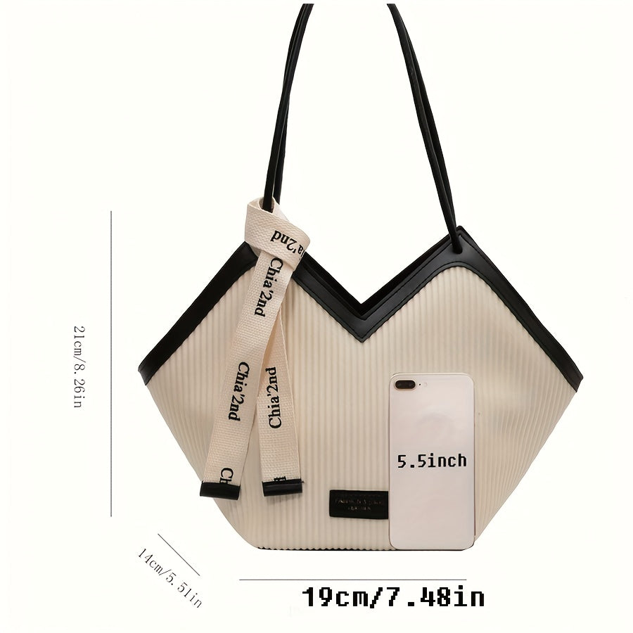 Sac cabas femme élégant blanc à détails noirs – design structuré à rayures embossées, anses doubles, foulard décoratif et fermeture zippée, idéal pour le travail, le shopping ou les voyages.