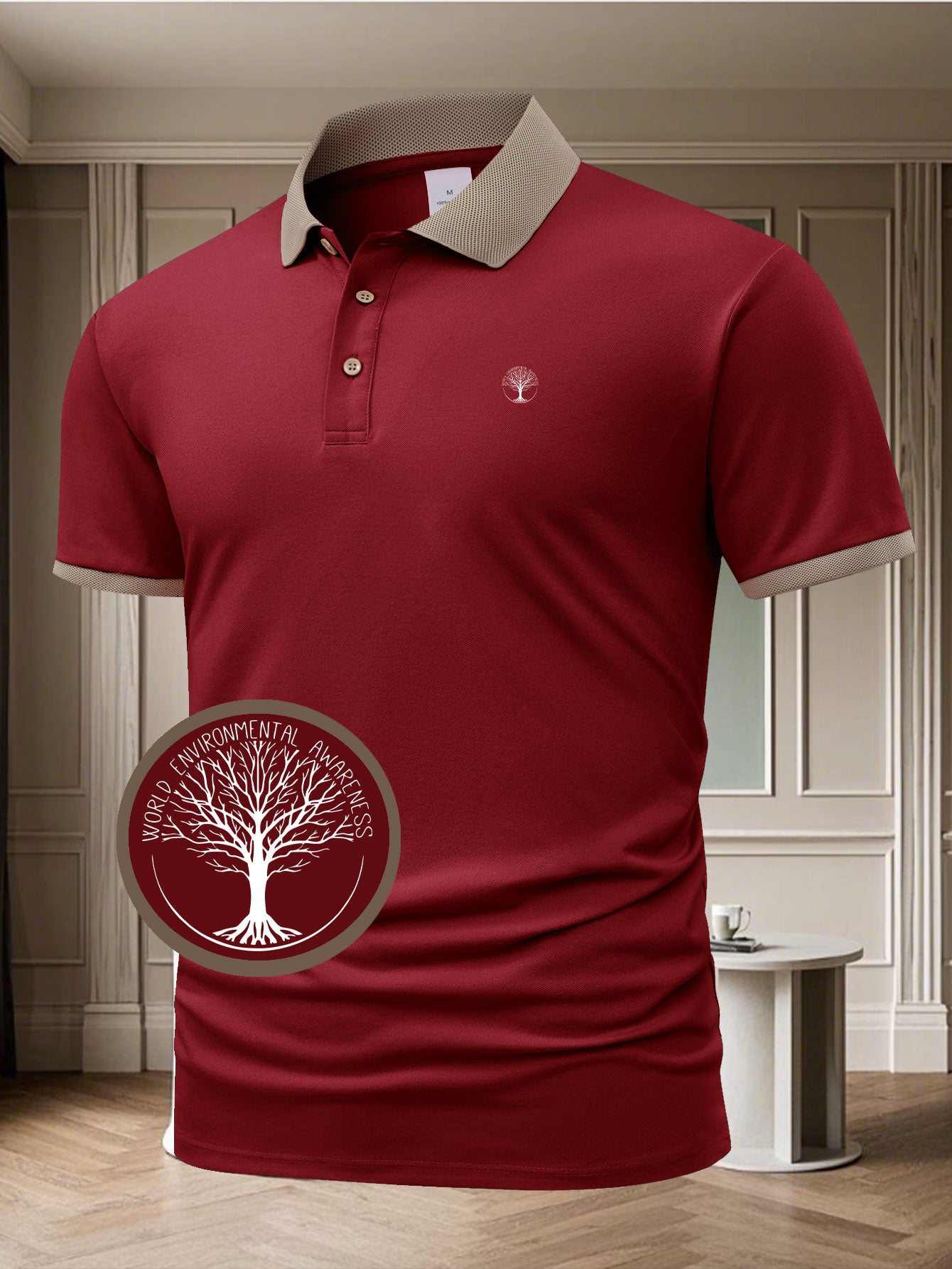 Men'S Red Polo Shirt with Tree of Life Print - Casual Short Sleeve, Button-Up Collar, Summer Sportswear for Golf, Tennis, Gym & Running - Stylish & Comfortable Fabric, Golf Attire | Tree Graphic Shirt | Comfortable Fit, Golf