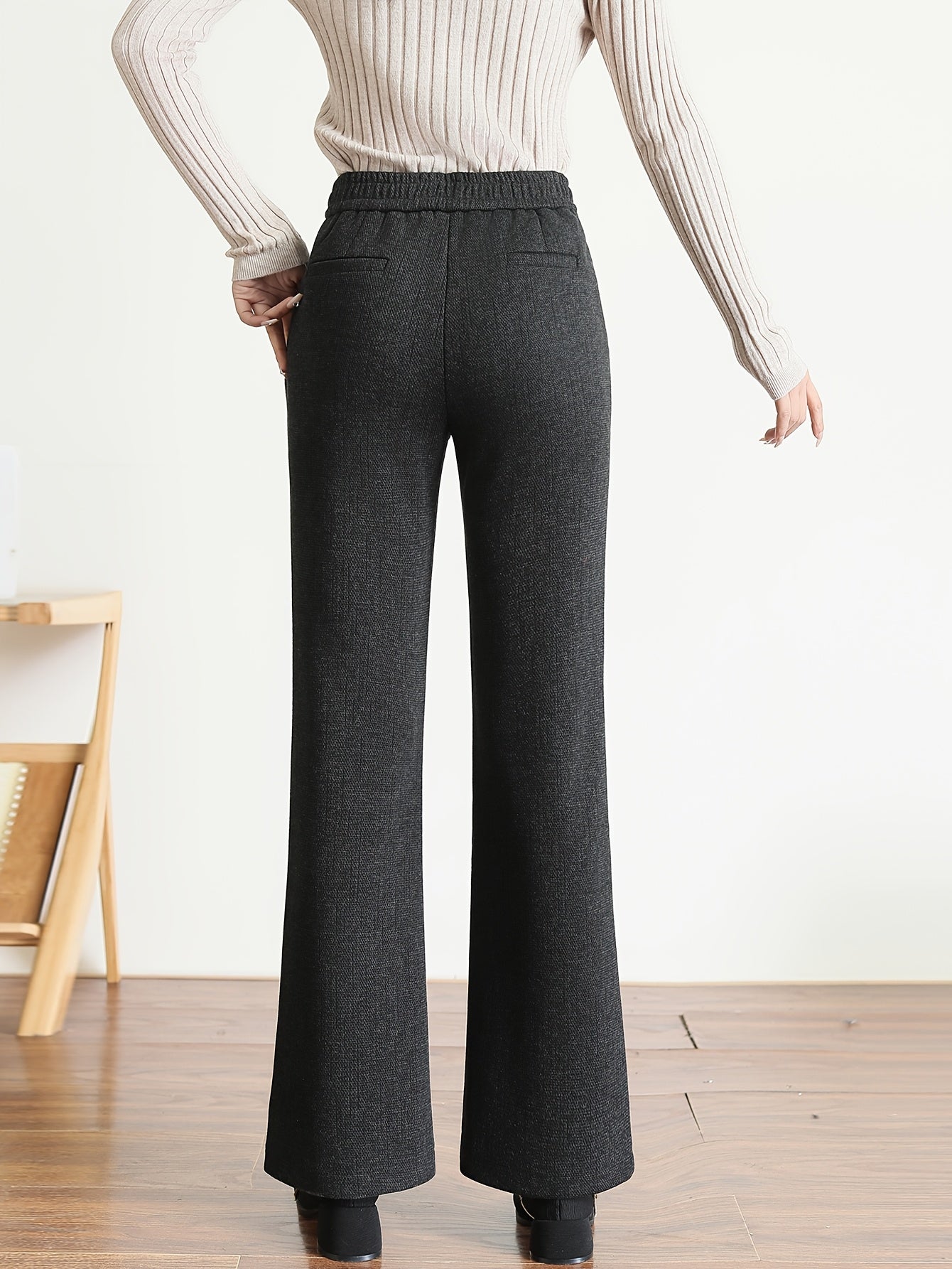 Pantalon Femme en Tweed Laine-Mélange – Jambe Droite, Taille Élastique avec Boutons, Marron Foncé, Automne/Hiver, Élégant et Décontracté