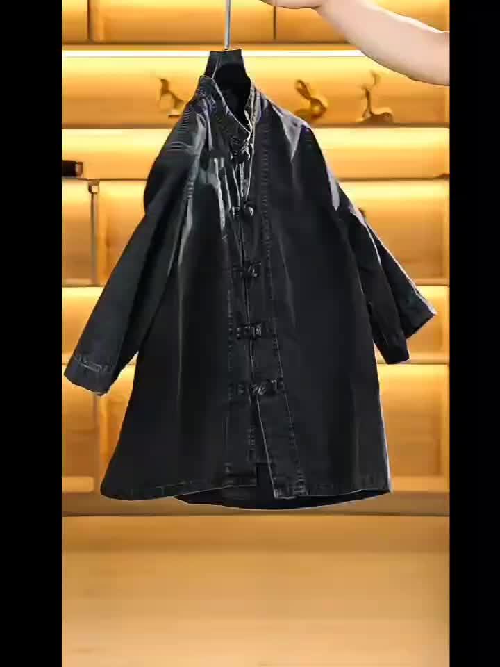 Xingmengzhi OBM Men's Denim Shirt, Loose-Fit Seven-Quarter Sleeve New Chinese Style Button-Up Top, Slim Stand Collar Denim Cardigan Lightweight Jacket