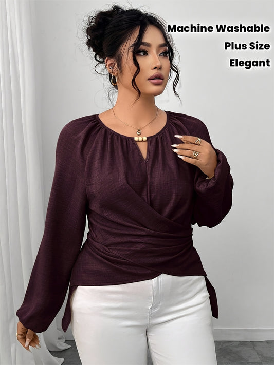 Blouse Femme Grande Taille Élégante – Manches Longues, Couleur Unie Bordeaux/Pourpre Foncé/Navy, Col Rond avec Boutons et Nœud au Dos