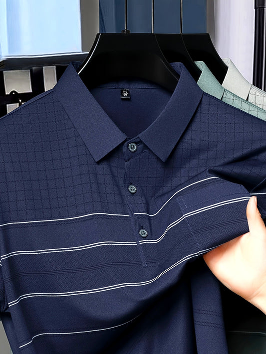 Men'S Summer Casual Short Sleeve T-Shirt with Pockets, Striped Pattern, Half Placket Lapel Collar, Regular Fit - Ideal for Work and Casual Attire, Work Uniform|Short Sleeve Shirt|Sleek Look