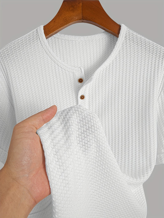A Summer Short-Sleeve Cardigan T-Shirt with a Fine Check Pattern And Round Neck, Featuring a Knitted Jacquard Texture.