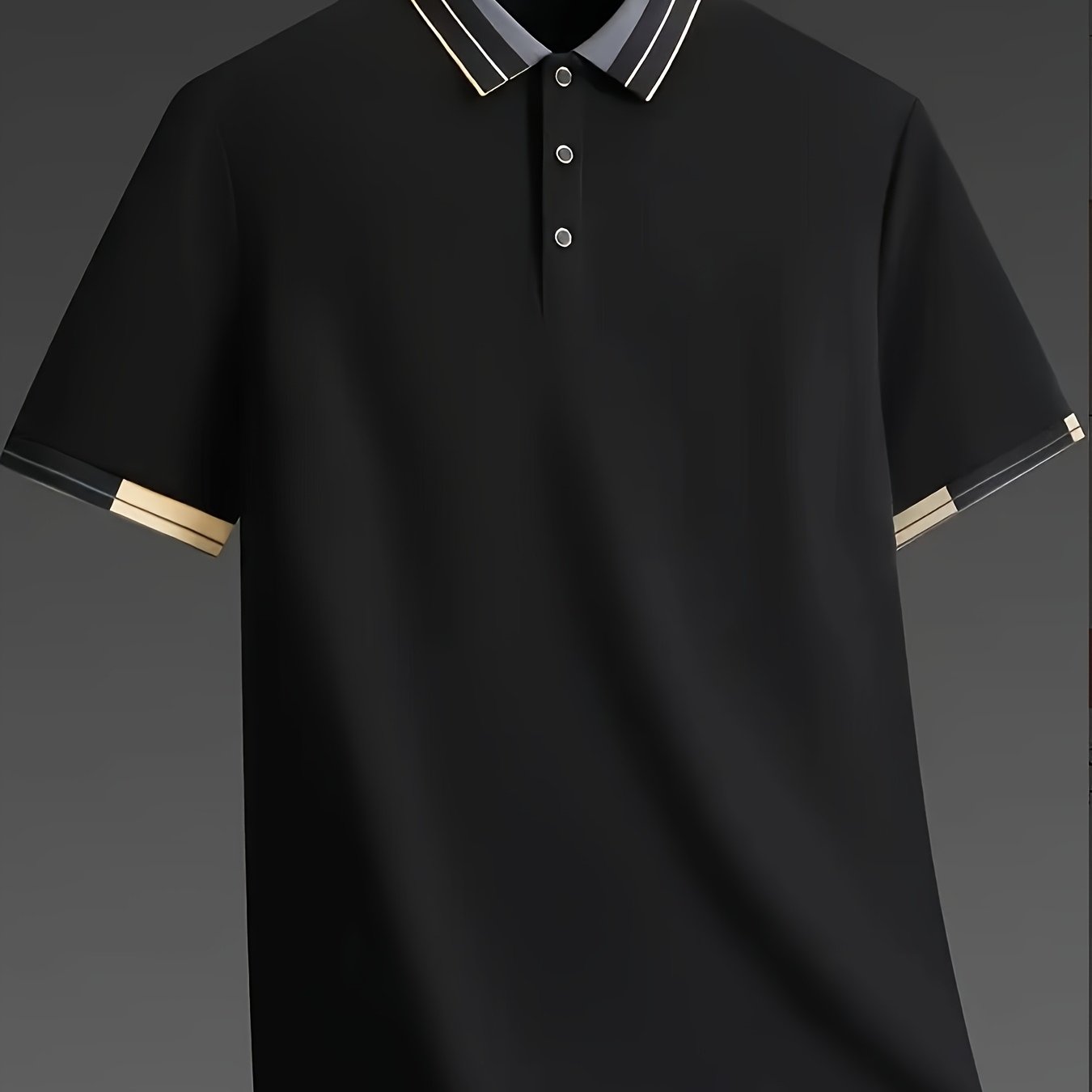 Men's Shirt - Dark Charcoal Gray with Golden Accent Collar, Soft Breathable Fabric Golf Shirt for Business, Casual, - Machine Washable Summer Button-Up Shirt for Office, Vacation, Casual Attire, Vacation Clothing, Sophisticat