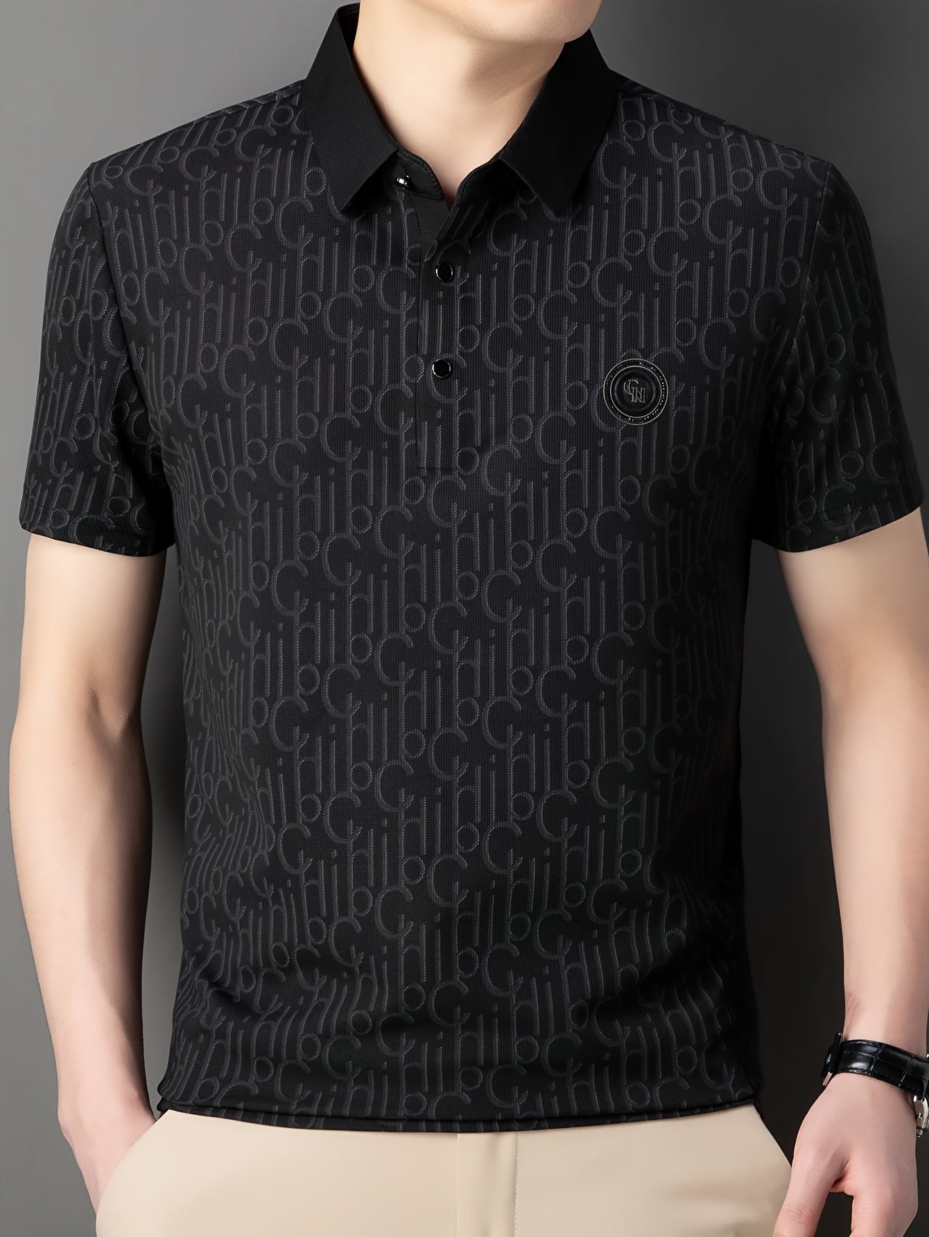 Men'S Breathable Summer Graphic T-Shirt - Short Sleeve, Button-Up Collar, Casual Streetwear with Stylish "H" Print Design, Lightweight Polyester Fabric for Golf, Tennis & Weekend Outing