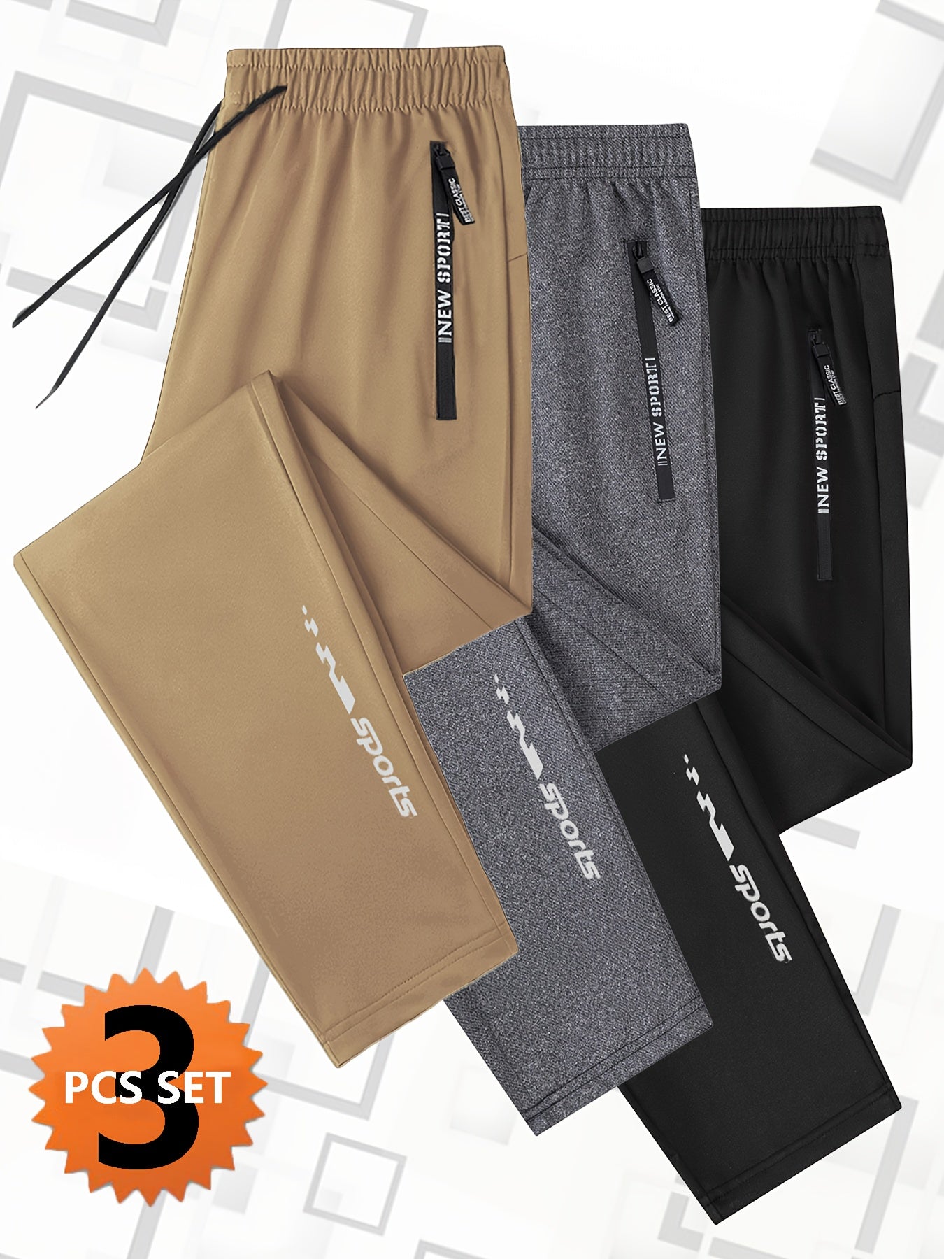 3pcs Joggers Homme – Cordon, Poches Zippées, Sport & Casual, Noir, Tout Saison
