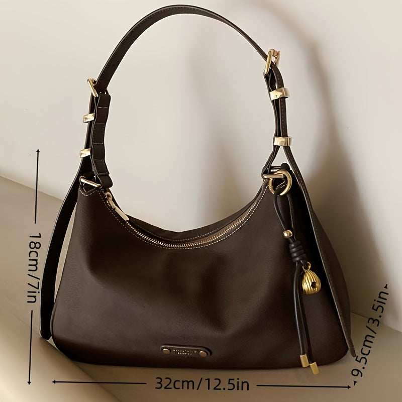 Sac cabas pour femmes – grande capacité, marron café, ferrures dorées, bandoulière et poignée réglables, fermeture zippée, élégant et polyvalent pour usage professionnel et quotidien.