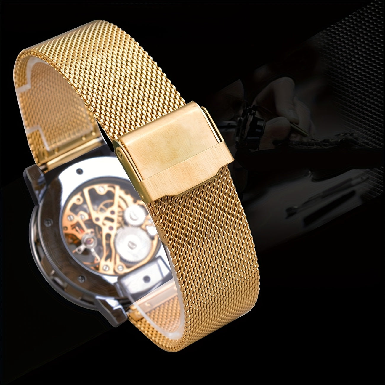 Elegant Men'S Mechanical Watch with Rhinestone Accents & Hollow Mesh Band - Stainless Steel, Zinc Alloy Case, Business Style, Self-Winding Movement, Pointer Display, No Battery Needed, Business Watch | Elegant Watch | Durable